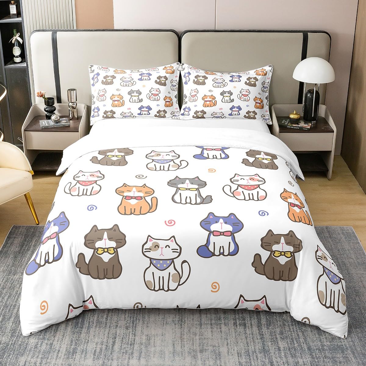 Loussiesd Cat 100% Cotton Duvet Cover King Size Cats Print Bedding Cotton Duvet Cover Set Cute Kitten Bedding Set Animal Comforter Cover Set Cat Lover's Gift Bedspread Cover