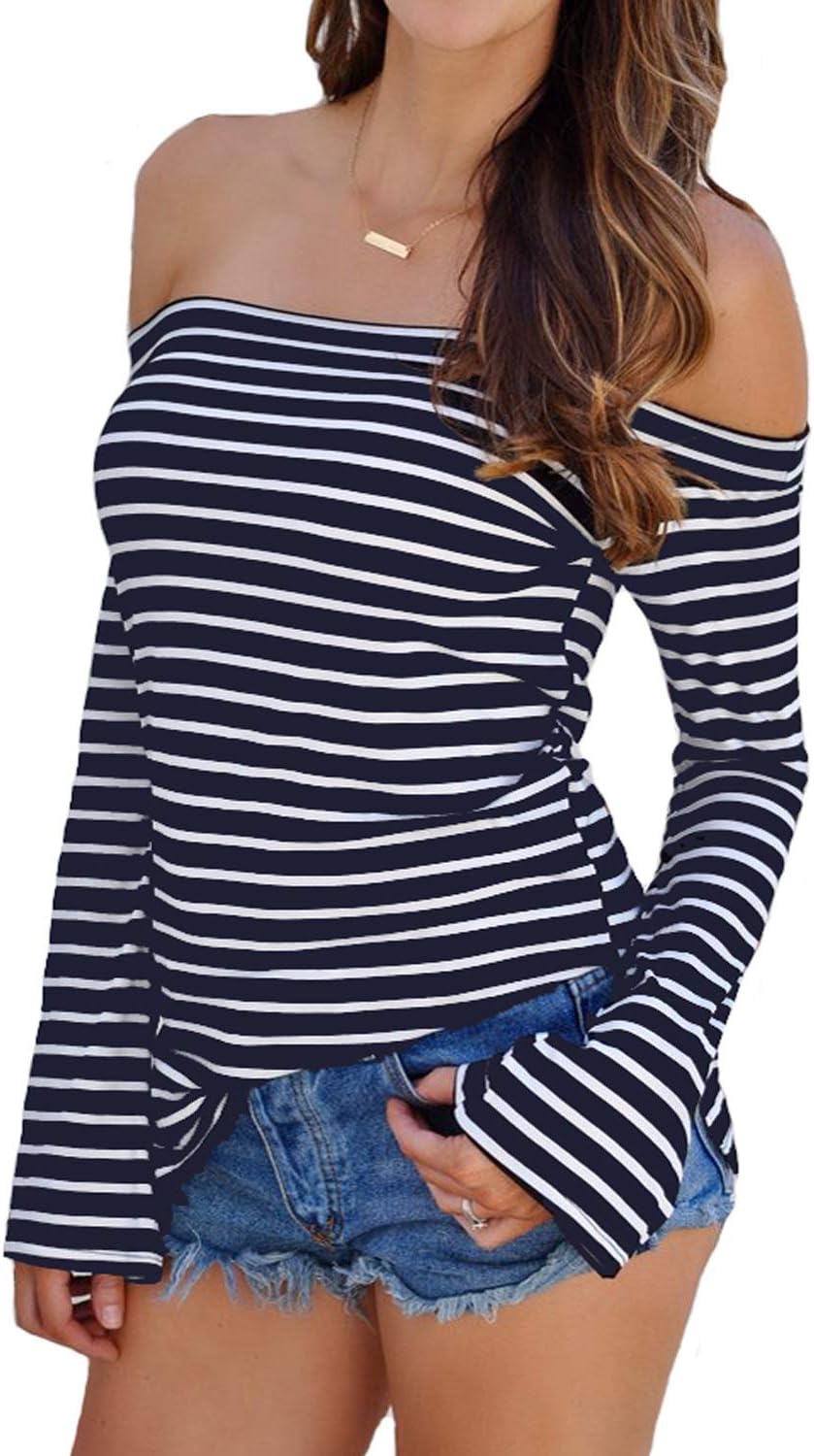 Adreamly Womens Sexy Off The Shoulder Striped Shirt Blouse Tops