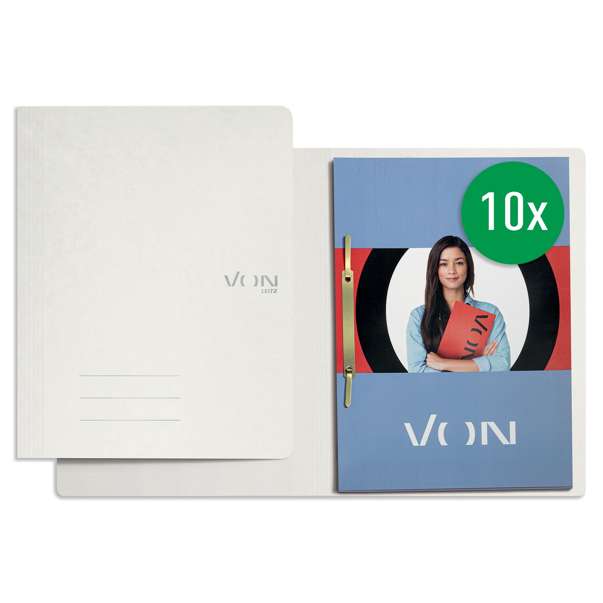 VON Leitz 30130001 Pack of 10 A4 File Folders, Cardboard, with Stapling Mechanism, for 250 Sheets, with Soft Cover, for School, Study and Home, White