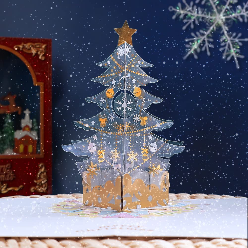 3D Pop Up Christmas Cards Greeting Card Merry Christmas Tree Pop Up Cards PVC Hollow Carving Color Printing Repeated Folding 3D Christmas Cards Pop Up, Writing Blessings Gift