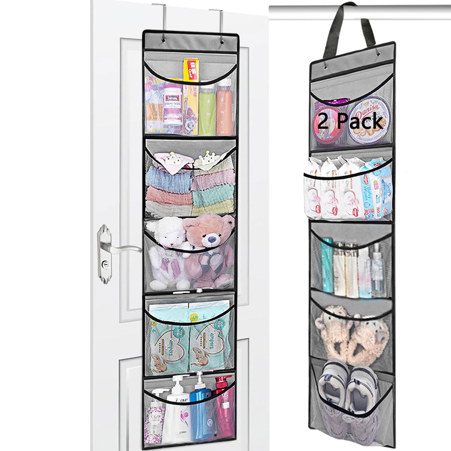 devesanter Over The Door Hanging Organizer 2 Pack - 5 Pockets Storage for Closet, Wardrobe, Toys, Bedroom, Bathroom (Grey)