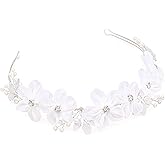 Oriamour Tulle Flower Headband, Flower Girl Headpiece, Pearl Silver, Wedding Hair Accessories, Tiara for Birthday, Party, First Communion