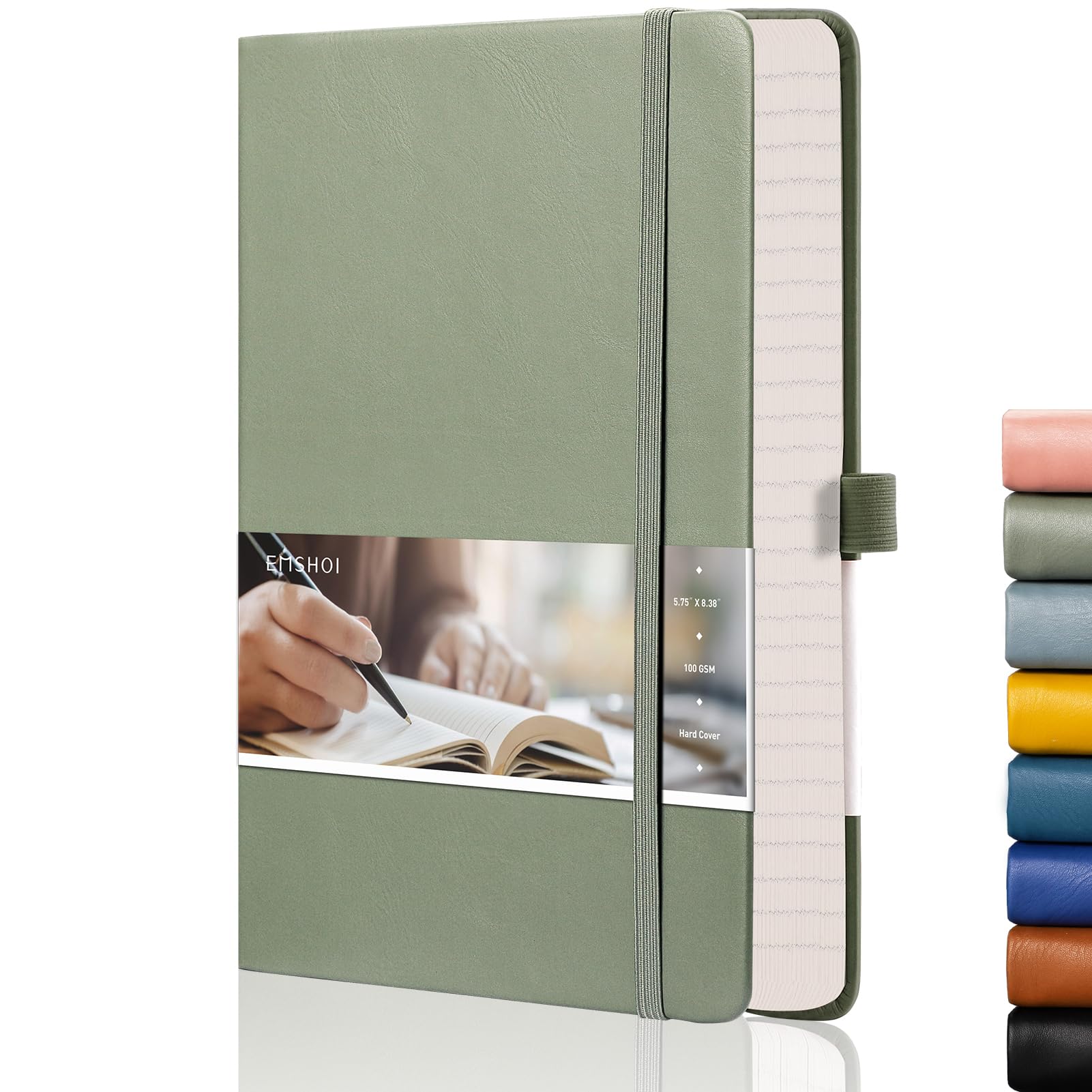 EMSHOI Graph Paper Notebook A5-21.4 x 14.5 cm Hardback Thick Journal with Sticky Notes, 256 Pages, 120gsm Squared Paper, Back Pocket, Vegan Leather Notepad for Graphing - Green