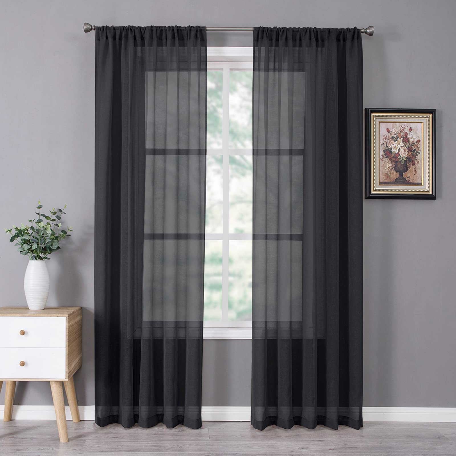 Tollpiz Sheer Curtain Linen Textured Bedroom Curtains Sheer Light Filtering Rod Pocket Voile Curtain for Living Room, 54 x 95 inches Long, Black, Set of 2 Panels