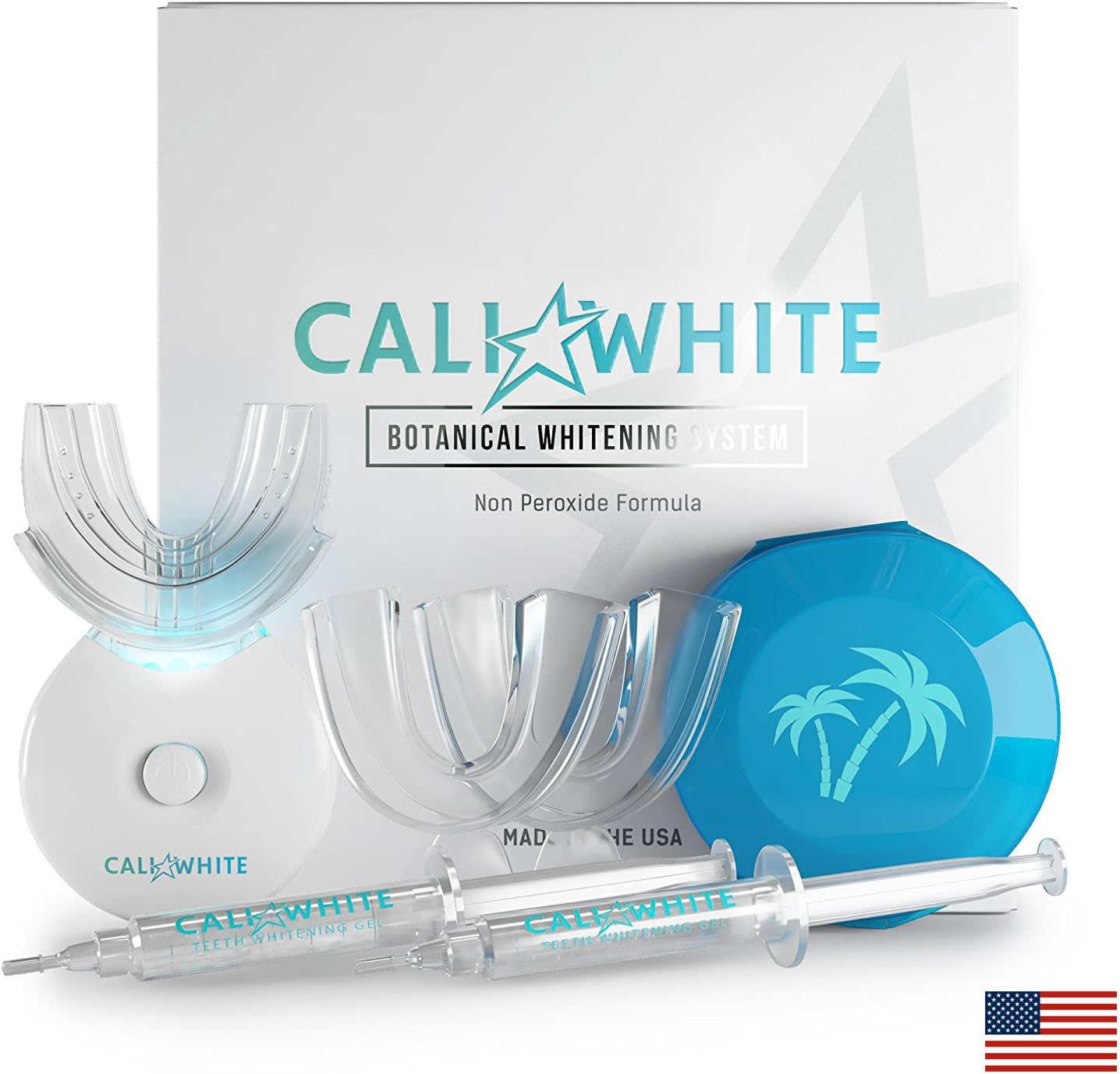 Cali White Vegan Teeth WHITENING KIT, Zero Peroxide, Organic Botanical Gel, HISMILE, Sensitive Smiles, Made in USA, All Natural System: 2X Syringes, LED Light, Comfort Fit Tray, Case, 2X Custom Trays