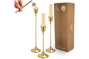 ASTRI BUZZ Holders Set of 3, Includes a Candle Snuffer, Gold Candlestick Holder Gold Candlesticks Candle Stick Candle Holder Candlestick Holders Taper Candle Holders