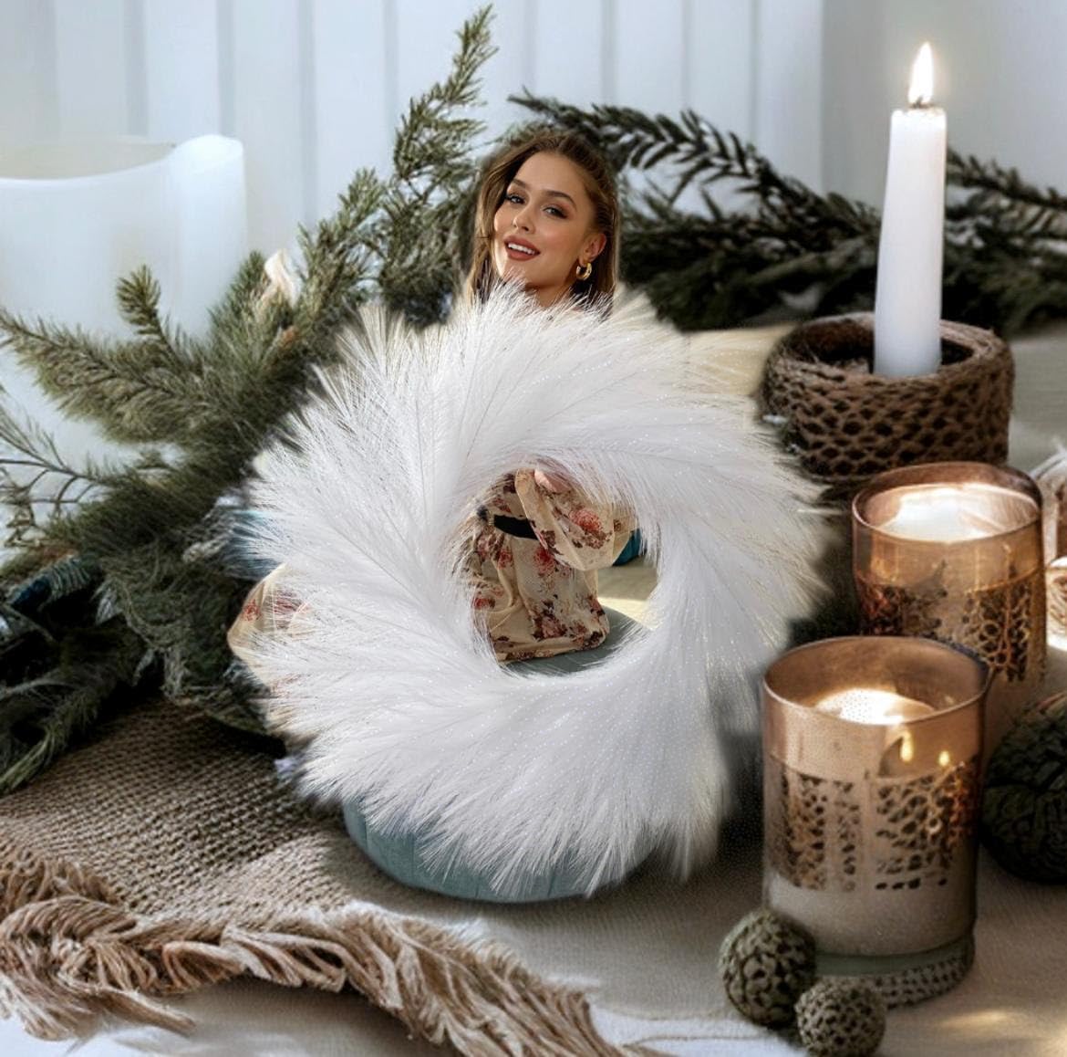 VOULUX Fluffy Artificial Pampas Grass Wreath 27 Inch White - Modern Feather Boho Style Indoor Decor Farmhouse Wall Decor Baby Seagrass Spring Wheat