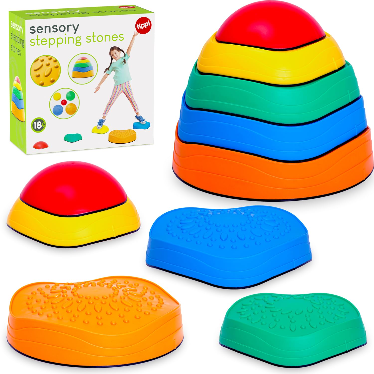 Tippi Sensory Stepping Stones for Kids - 5 Stackable Pieces With Sensory Textured Surfaces - Outdoor Play Equipment For Toddlers - Balance Toys For Children Age 18 Months +