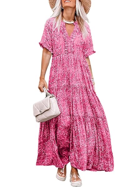 ACELITT WOMENS FLORAL BOHO DRESSES CASUAL SHORT SLEEVE V NECK RUFFLE TIE PINK FASHION 2023 SUMMER SWING A LINE LONG MAXI DRESS PINK MEDIUM