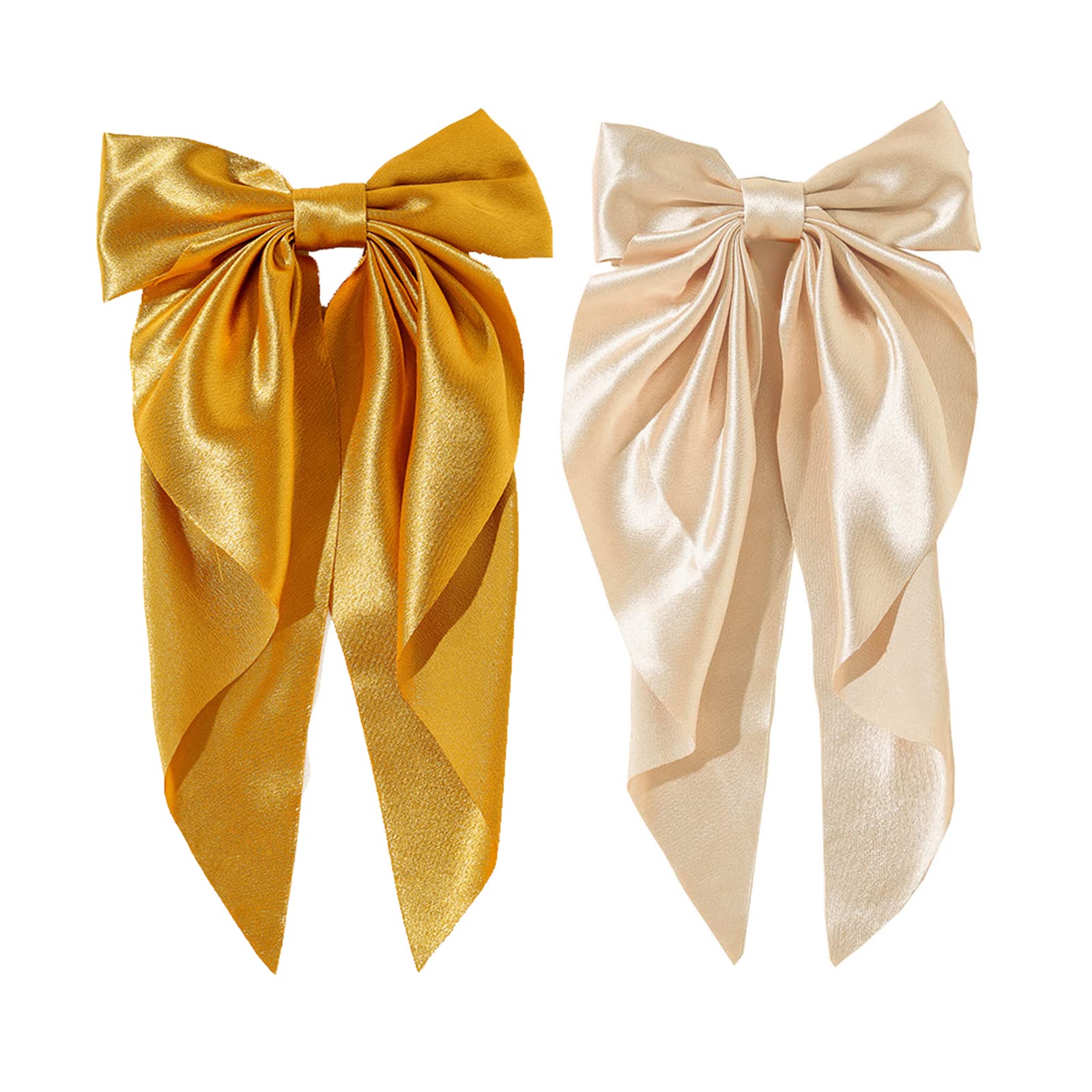 Golden Apple 2Pcs Super Big Bow Hair Clips French Style Soild Color Knotted Bowknot Spring Snap Barrettes Hair Clips with Long Ribbon for Women Girls (Champagne+Gold)