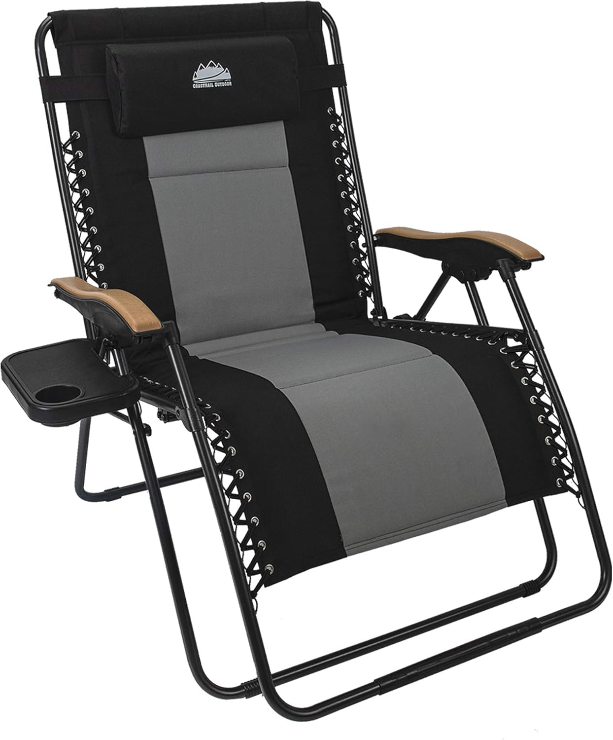 Coastrail Outdoor Zero Gravity Wood Armrest XXL Camping Lounge Patio Support 400lbs Padded Reclining Folding Lawn Chair with Side Table, Black/Gray: Garden & Outdoor