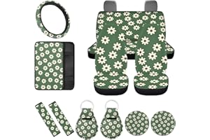 FUIBENG 12 Pack Green Groovy Flower Car Seat Cover Sets Abstract Hippie Floral Seat Cushion for Women，Non Slip Coaster +15Inch Steering Wheel Covers Safety Seatbelt Keychains Decor Accessories