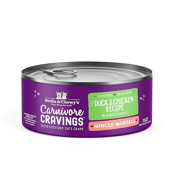 STELLA & CHEWY’S CARNIVORE CRAVINGS MINCED MORSELS CANS – GRAIN FREE, PROTEIN RICH WET CAT FOOD – CAGE-FREE CHICKEN & DUCK RECIPE – (2.8 OUNCE CANS, CASE OF 12)