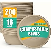 JINVOGREEN 200 Count 16 oz Paper Bowls, Disposable Compostable Bowls, Heavy Duty Biodegradable Sugarcane Bagasse Bowl for Breakfast, Salad, Fruits, Desserts, Natural