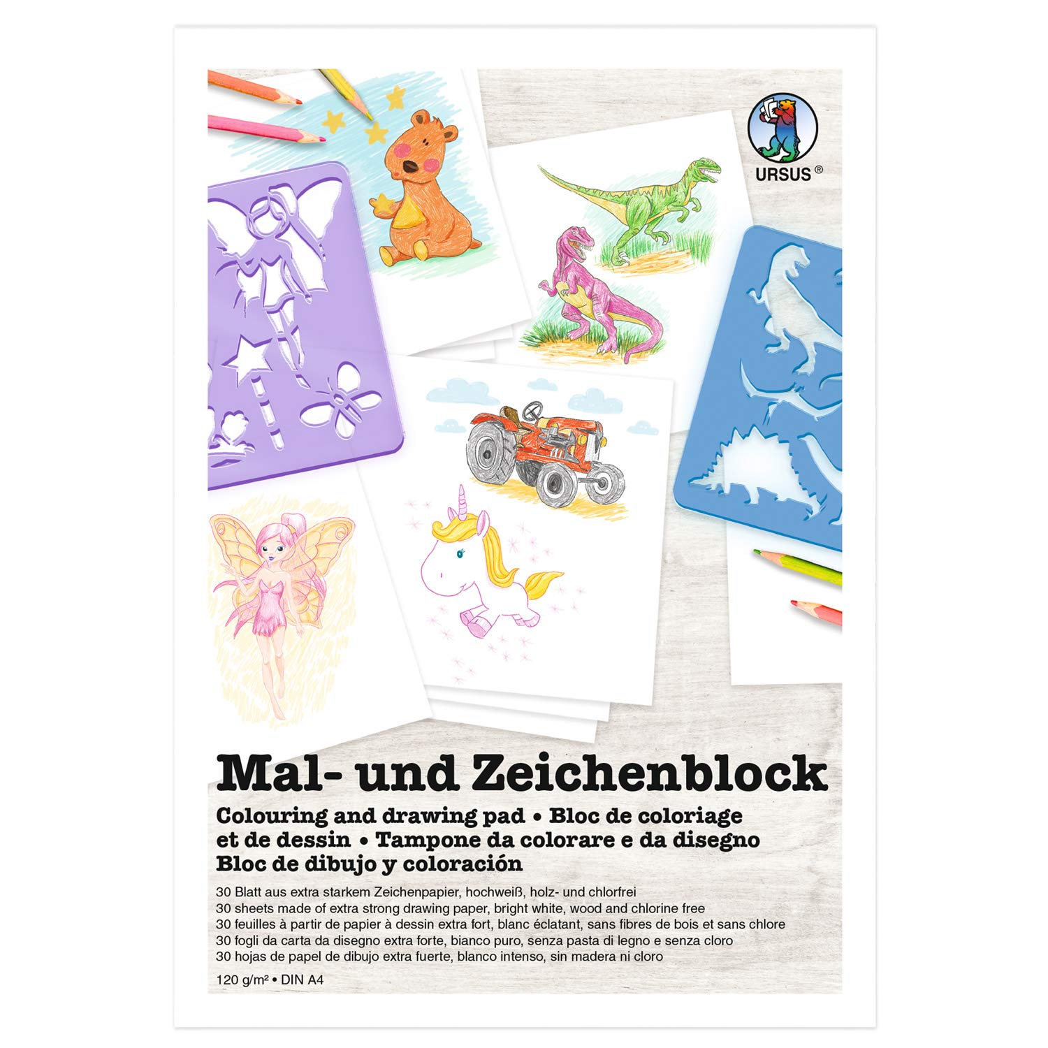 URSUS Colouring pad, 120 g, DIN A4, 30 Sheets of Extra Strong Drawing Paper, Bright White, Wood and Chlorine