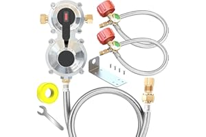 MEFUN 2-Stage Auto Changeover LP Propane Gas Regulator with 48''Stainless Braided Regulator Hose Assemblies and Two 18"RV Pigtail Propane Hoses with Gauge Dual Propane Tank Regulator for RVs, Trailers,Campe