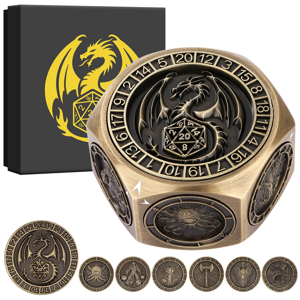 LULLEA Metal D20 Spinner Dice – Fantasy Polyhedral Dice for Tabletop RPG, Mythical Gaming Accessory and Gift for Gamers and Dungeon Masters, Bronze with Gift Box