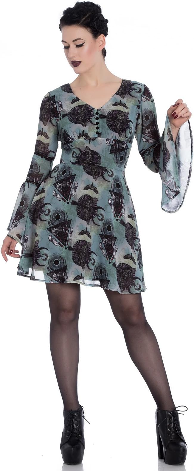 Hell Bunny Alchemy Goth Floaty Witch Mini Dress After Death Teal Green