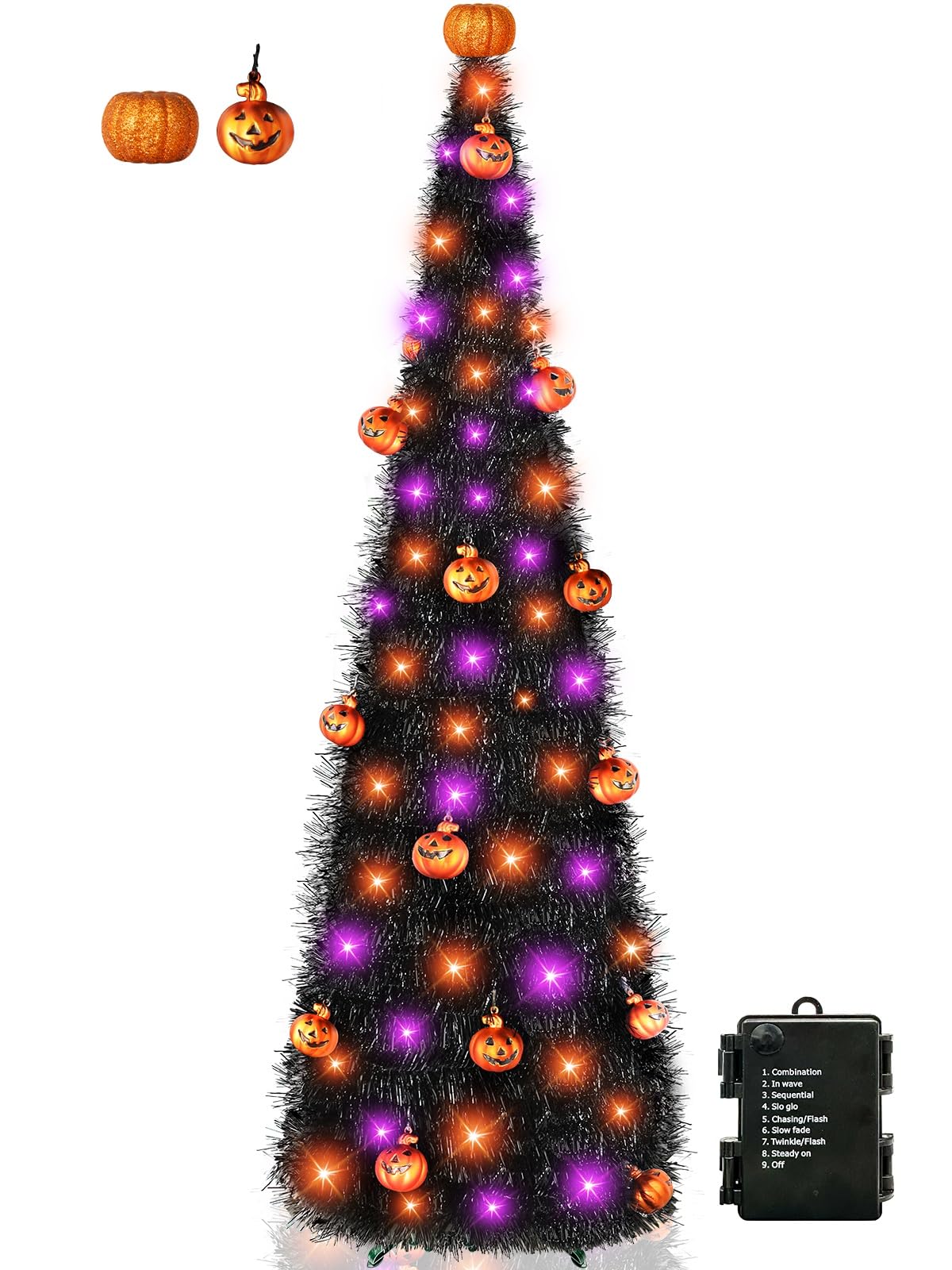 Photo 1 of [Timer & 8 Modes] 6 Ft Black Tinsel Halloween Tree with 60 LED Orange Purple Lights, Pop Up Artificial Pencil Tree with Lantern Topper & 15 Pumpkin Balls Ornaments for Halloween Decor Indoor Outdoor