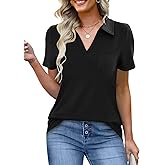 ANAJONRI Women's Polo Shirts Collared Work Tops Short Sleeve Business Casual Dressy Blouses Summer Tops with Pocket