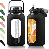 SIEROZUR 64 oz Glass Water Bottle with Straw and Handle Lid Half Gallon Motivational Glass Bottle with Silicone Sleeve and Time Marker Large Reusable Sports Water Jug for Gym Home Workout
