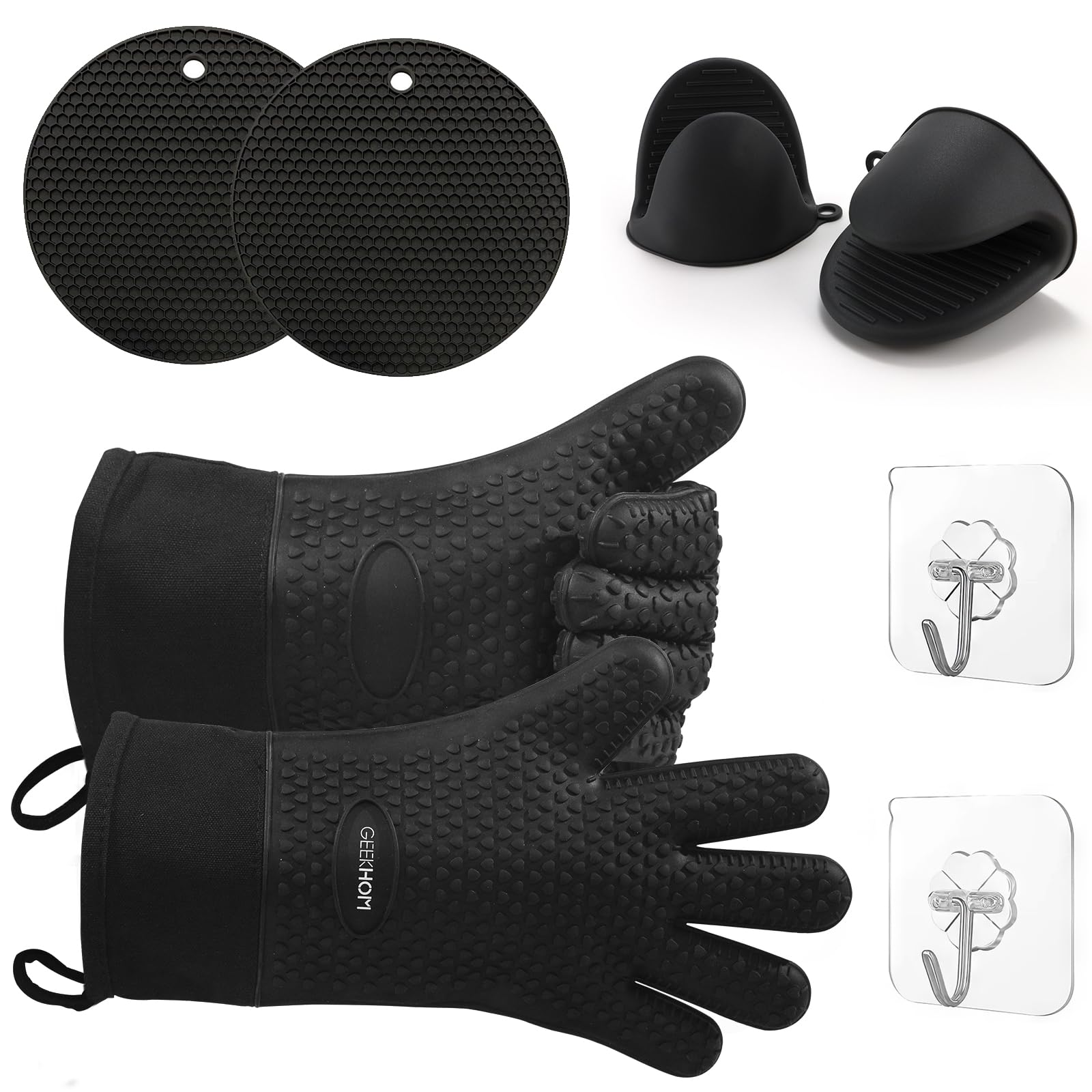 GEEKHOM Silicone Oven Gloves Set, Heat Resistant Oven Mitts and Pot Holders with Sticky Hook Waterproof Non-Slip Kitchen Gloves with Fingers for Cooking Baking Barbecue Grilling Microwave, Black