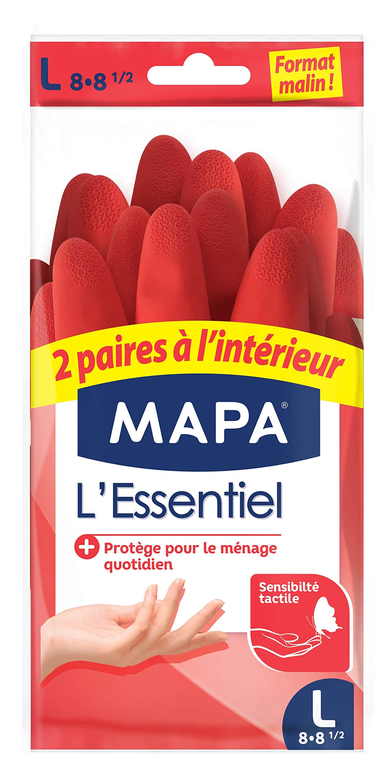 MAPA - L'Essentiel - Household Gloves in Latex Interior Cotton Fibres - Sensitivity and Flexibility - Non-Slip Coating - 1 Pack of 2 Pairs - Size L