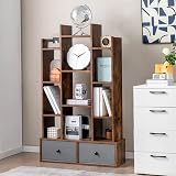 COSTWAY 12-Tier Tree Bookshelf Rustic Brown Wooden Bookcase with Folding Drawer view 2