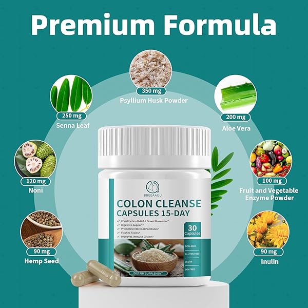 BBEEAAUU COLON CLEANSE DETOX CAPSULES, 15 DAY GUT HEALTH SUPPLEMETNS, GUT HEALTH FOR WOMEN MEN, SUPPORT DIGESTIVE & INTESTINAL, WITH PSYLLIUM HUSK POWDER & SENNA LEAF, NON GMO, GLUTEN FREE