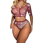 Sexy Fishnet Lingerie Set for Women Sheer Mesh Bodysuit Outfits Rhinestone Rave Outfit