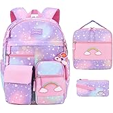 Youngsing Girls Backpack Set 3 IN 1,Cute Rainbow Kids Backpack with Insulated Lunch Box Pen Case Set Student School Bag (Purple-3 piece set)