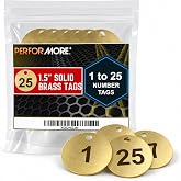 Performore 25-Pack 1.5 Inch Solid Brass Numbered Valve Tags (1-25) | Round disc with 3/16 inch hole; stamping chits for pipe valves, keys and equipment labeling