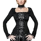Insdark Goth Top T Shirt Women Punk Long Sleeve Square Neck Lace-Up Vintage Cute Y2k Grunge Emo