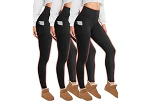 HIGHDAYS 3 Pack Fleece Lined Leggings for Women with Pockets - Tummy Control Thermal Warm Yoga Pants Plus Size S/M-4XL
