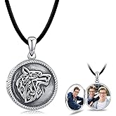 CHENGHONG Wolf Locket Necklace 925 Sterling Silver Locket Necklace That Holds Pictures Vintage Oxidized Viking Necklace Celtic Wolf Pendant Jewelry Gifts for Men Women