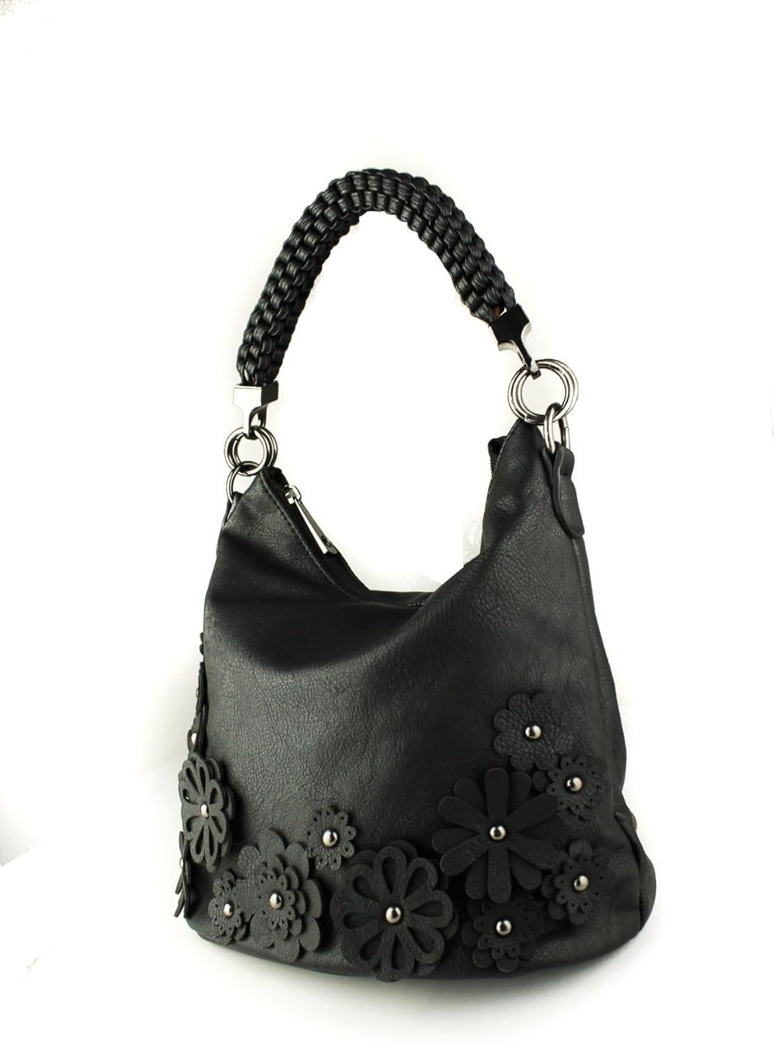 Redfox Womens Braided Handle Strap 3D Effect Floral Hobo Tote Bag/Shoulder Handbag, Black - Image 3