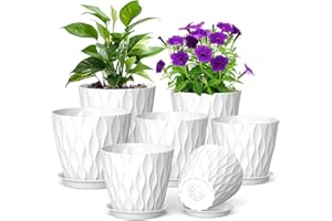 Meowell 7/6.5/6/5.5/5/4.5/4 inch Plant Pots for Indoor Outdoor Plants, 7 Pack Thick Flower Pots with Drainage Holes and Saucers, Modern Wave Texture Plastic Planter Pots for Nursery, Succulent, White