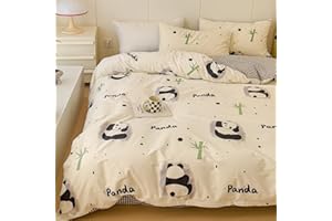 LIWHENHAO Panda Duvet Cover Set Twin 100% Cotton Bedding Cartoon Black White Chinese Bear Green Bamboo on White 1 Cute Animal Comforter Cover 2 Pillowcases for Kids Girls Boys