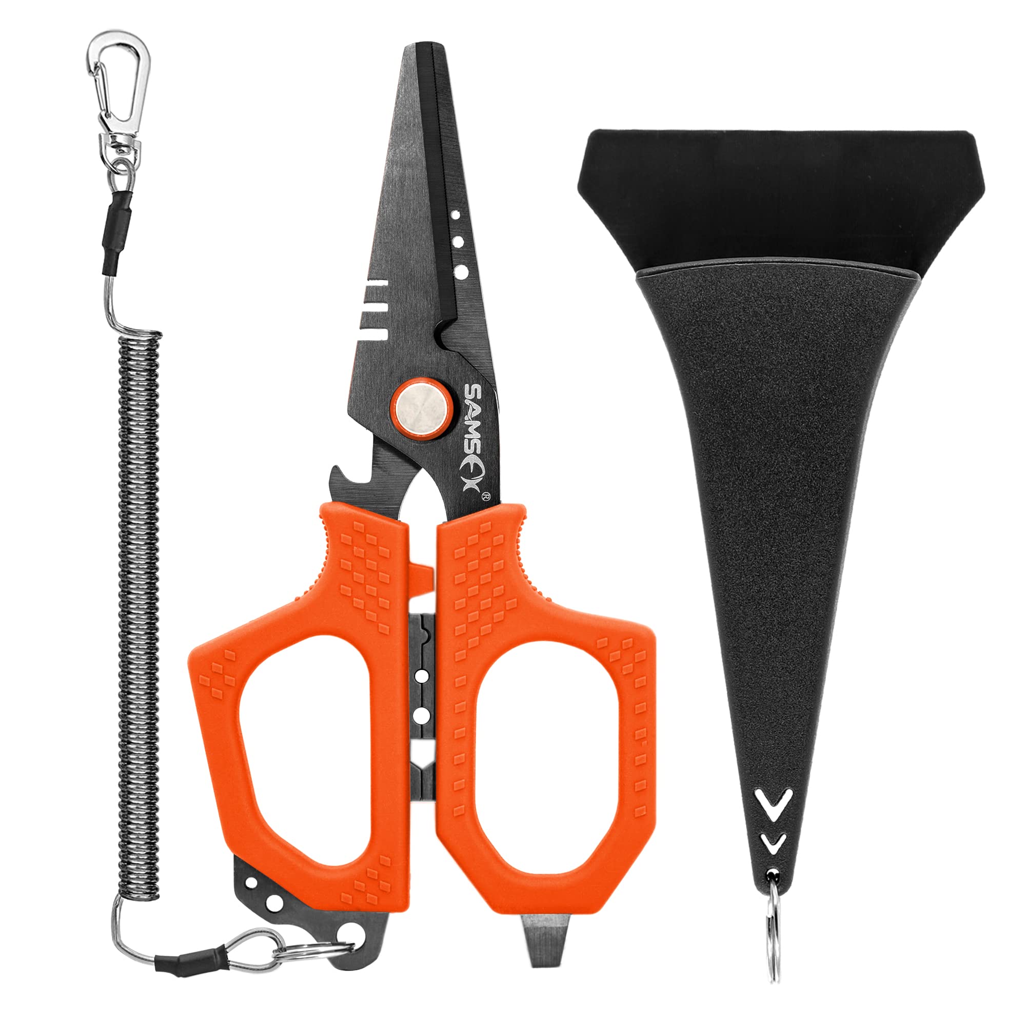 SAMSFX Fishing Braid Line Scissors Shears with Antirust Coating and Dual-Serrated Blade, Kraton Handle, Come with Hard Sheath and Coiled Lanyard (Orange Handle, Hard Sheath)