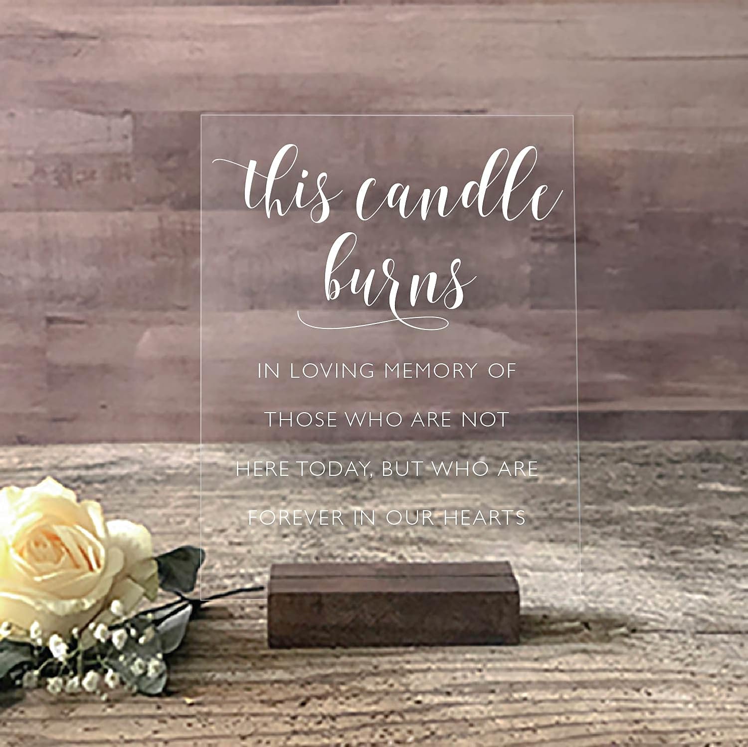 Mixed Media - Memory Table Sign on Acrylic This Candle Burns | Lucite In Loving Memory Sign | In Loving Memory Acrylic Wedding Sign (5x7, Dark Walnut Stand)