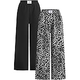 RoseSeek Women's Cheetah Leopard Pants Patched Elastic Waist Wide Leg Baggy Sweatpants Y2k Pants 2 Pack