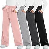 LessonZoo 4 Pack Girls Sweatpants 5-14 Years Straight Elastic High Waist Baggy Pants Drawstring Wide Leg Pants Teen Pockets