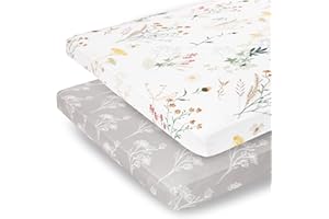 Pobibaby - 2 Pack Premium Pack N Play Sheets Fitted for Standard Pack and Plays and Mini Cribs - Ultra-Soft Jersey Knit, Stylish Floral Pattern, Safe and Snug for Baby (Wildflower)