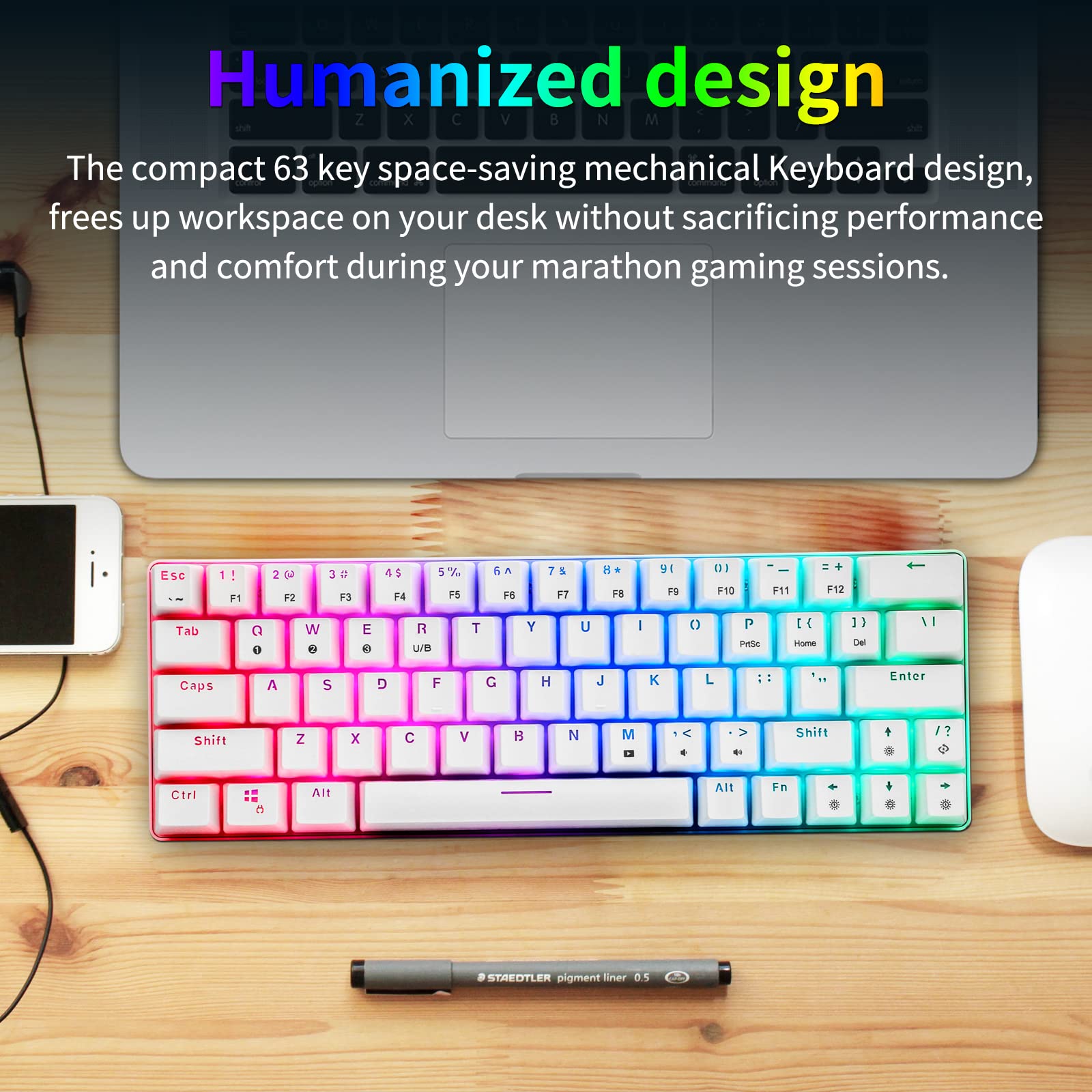 HUO JI CQ63 60% RGB Wireless Mechanical Gaming Keyboard, Authentic Cherry MX Brown Switches, Bluetooth 5.0, Wired Keyboard 63 Keys for PC Tablet Laptop Cell Phone, White