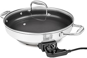 CUCINAPRO Electric Skillet By Cucina Pro - 18/10 Stainless Steel, Frying Pan with Non Stick Interior, with Glass Lid, 12" Round, Temperature Control Probe for Adjustable Heat Settings
