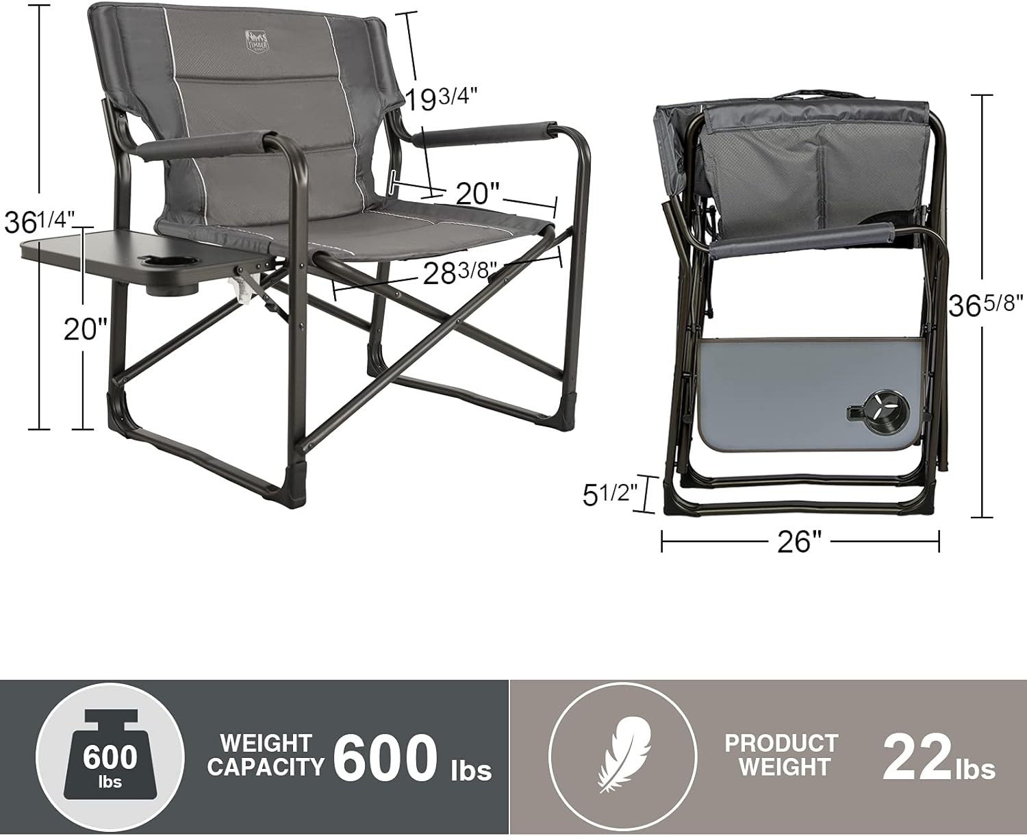 TIMBER RIDGE Oversized Directors Chairs with Side Table, Heavy Duty Folding Camping Chair up to 600 Lbs Weight Capacity (Gray): Kitchen & Dining