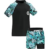 DUONITITI Boys Short Sleeve Rash Guard with Compression Liner Swim Trunks Quick Dry 2 Pieces Sun Shirt Swimwear Set