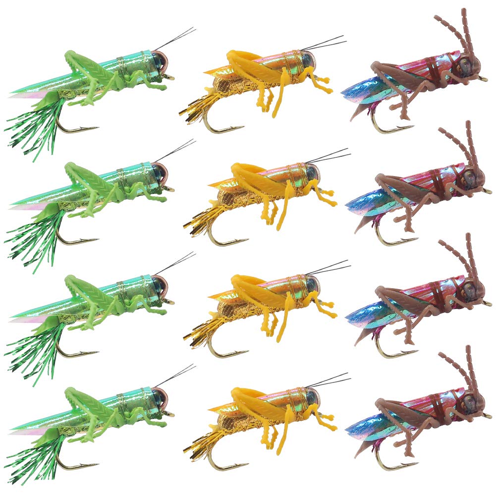 YZD Realistic Grasshopper fly Fishing Flies Set 3 sizes 3 Colors (12 Flies 3 Colors-S size)