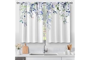 Aimego Floral Eucalyptus Kitchen Curtains - Spring Watercolor Plant Leaves with Floral Botanical Tier Cafe Curtains for Bathroom Living RV Rod Pocket Window Drapes 36 Inch 2 Panels Set 28"x36"