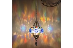 DEMMEX Authentic Turkish Plug in Pendant Light, 6.5" Big Size Globe, Made in Turkey, Turkish Moroccan Mosaic Ceiling Hanging Pendant Light Fixture Lamp, Swag Plug-in with 15ft Cord and Chain